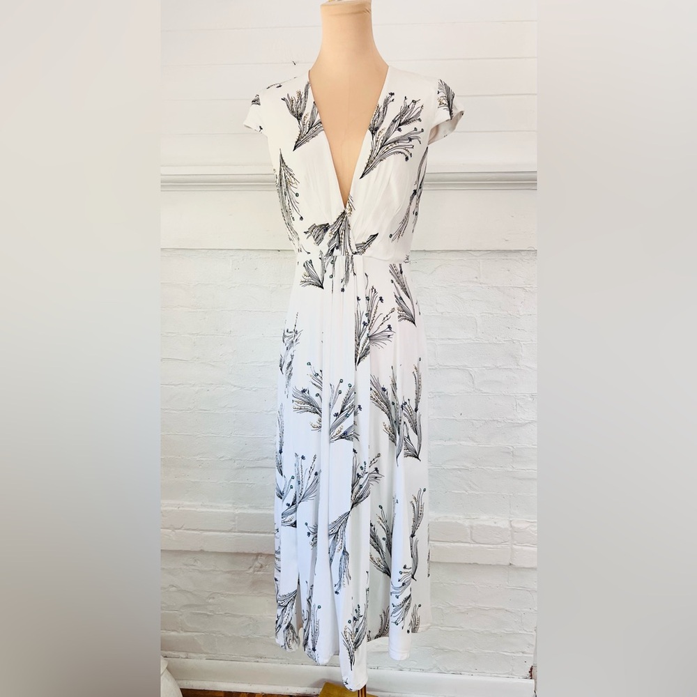 Free People Floral Retro Midi Dress Ivory Deep V Faux Wrap Cap Sleeve - Picture 3 of 14